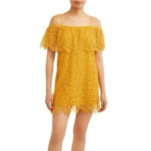 Yellow Lace Mini Dress Off the Shoulder Boho Sz XL - Picture 1 of 8